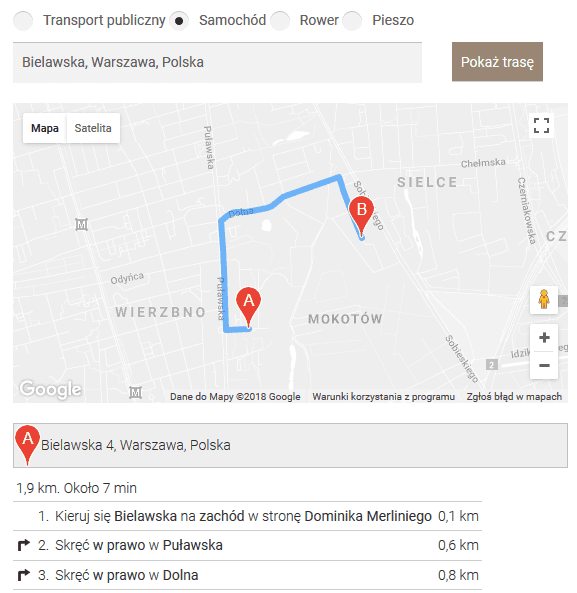 Mapa pokazująca trasę do wyznaczonej lokalizacji