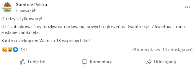 Post fanpage Gumtree Polska z facebooka informujący o zamknięciu strony.