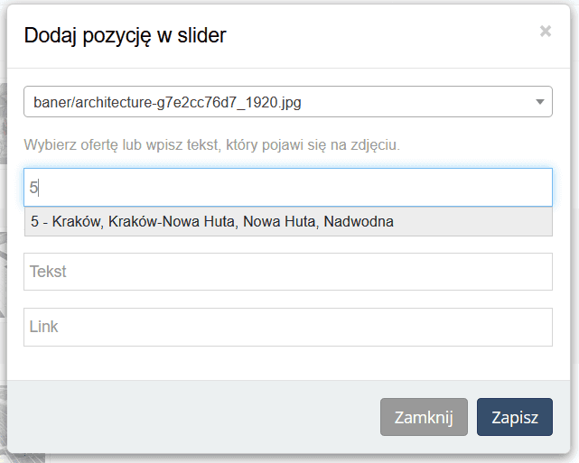 Reszta pól modalu dodawania pozycji w sliderze