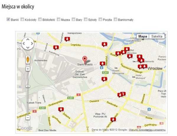Mapa z zaznaczonymi punktami w okolicy lokalizacji oferty