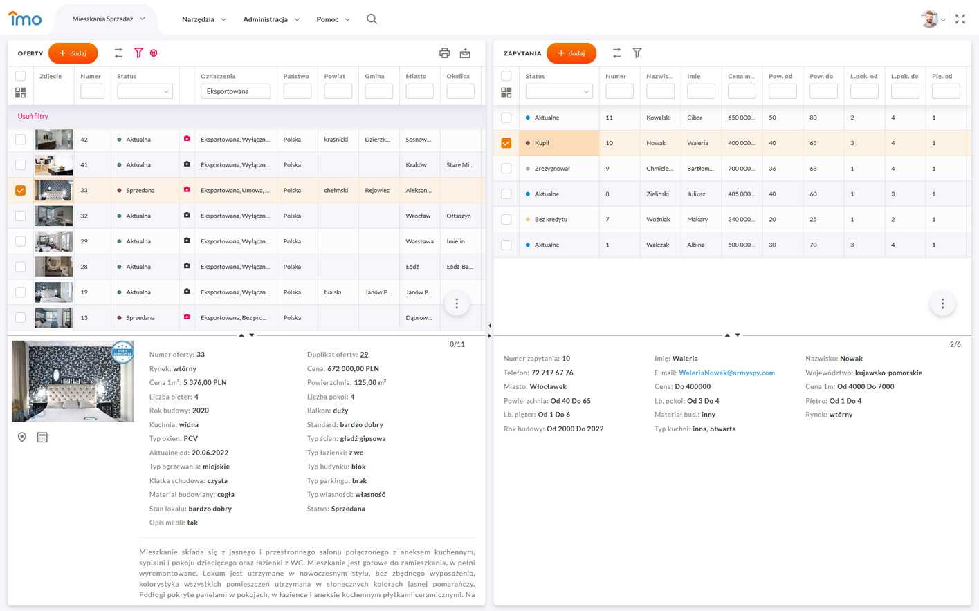 Dashboard programu IMO i lista ofert