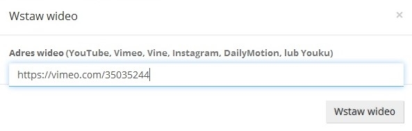 Okno do wstawiania filmów wideo z portali społecznościowych w edytorze