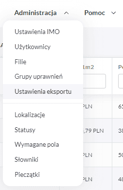 Ustawienia eksportu w menu Administracja w programie IMO