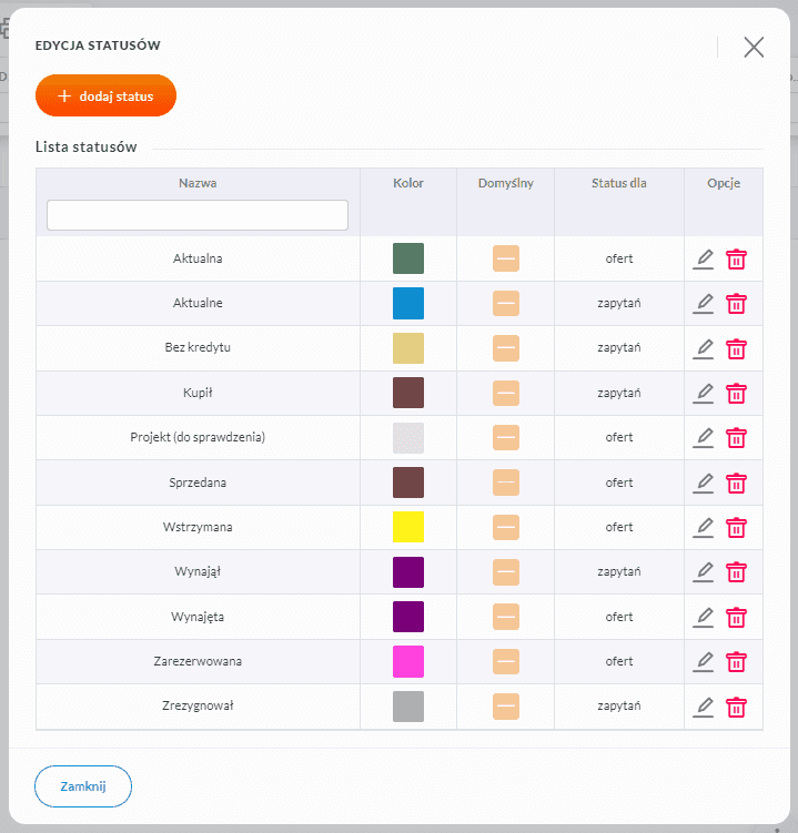 Modal do edycji statusów