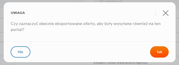 Popup z zapytaniem o eksportowanie aktualnych ofert na nowo dodany portal