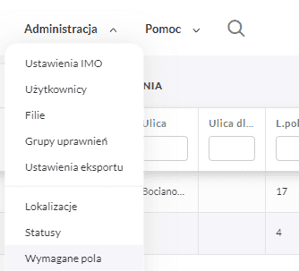 Wymagane pola w menu Administracja w programie IMO